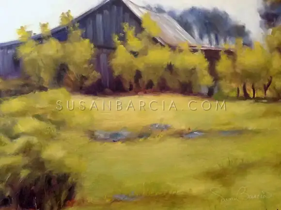 Golden Hour Barn — original painting by Susan Barcia